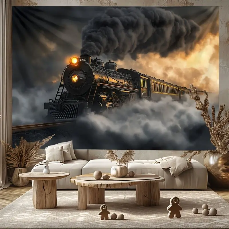 VIKAMA Retro Steam Train Mist Dusk Scenery Tapestry Background Hanging Cloth Industrial Style Living Room Decoration