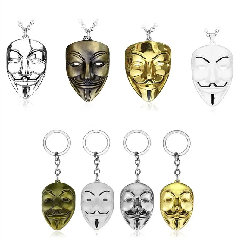 ﻿ V-shaped revenge killing team Necklace Key Buckle Anonymous Mask Charm Choker Necklace Hacker Mask Metal Necklace For Men Wome