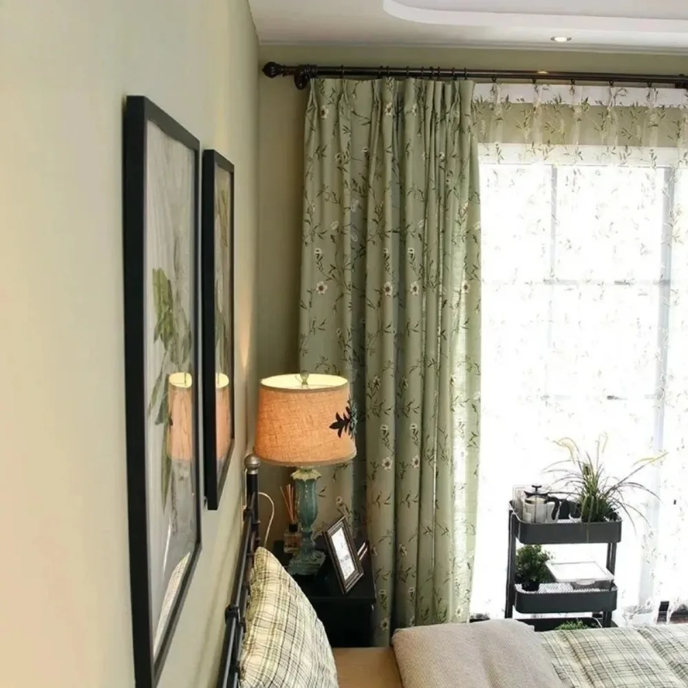 American Cotton Linen Retro Print Green Curtains for Living Room Bedroom Dining Semi-shade Romantic Decor Tulle Custom Size