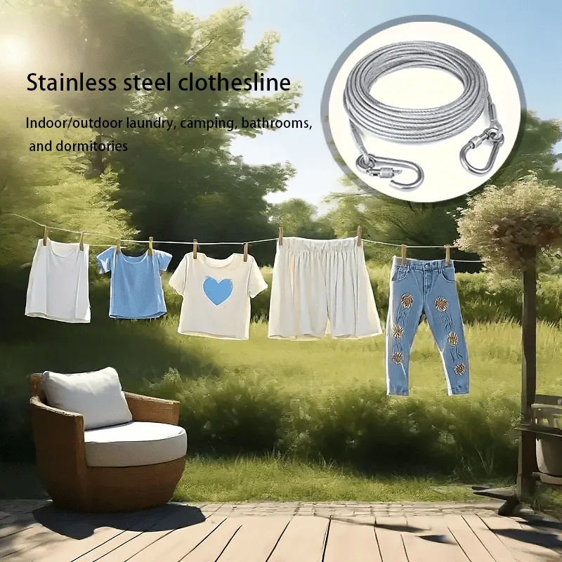 Stainless Steel Clothesline, 1/ 8inch Anti-Drop Steel Wire Rope with Coated Safety Cable and Hook, Multi-Purpose Heavy-Duty Steel Wire Rope, Available in 2m Sizes: 5m / 10m , Pull-Line Steel Wire Rope, Suitable for Hanging on Various Surfaces, Pet Leash, Non-Slip, Rust-Resistant and Weather-Resistant, with Hook Accessories, Indoor and Outdoor Clothesline