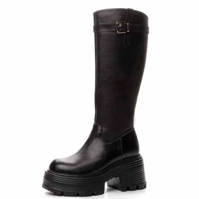 

9CM Microfiber Women Boots Leather Ankle Spring Platform Wedge Knee High Fashion British Boots ZIP Synthetic Autumn Winter Shoes