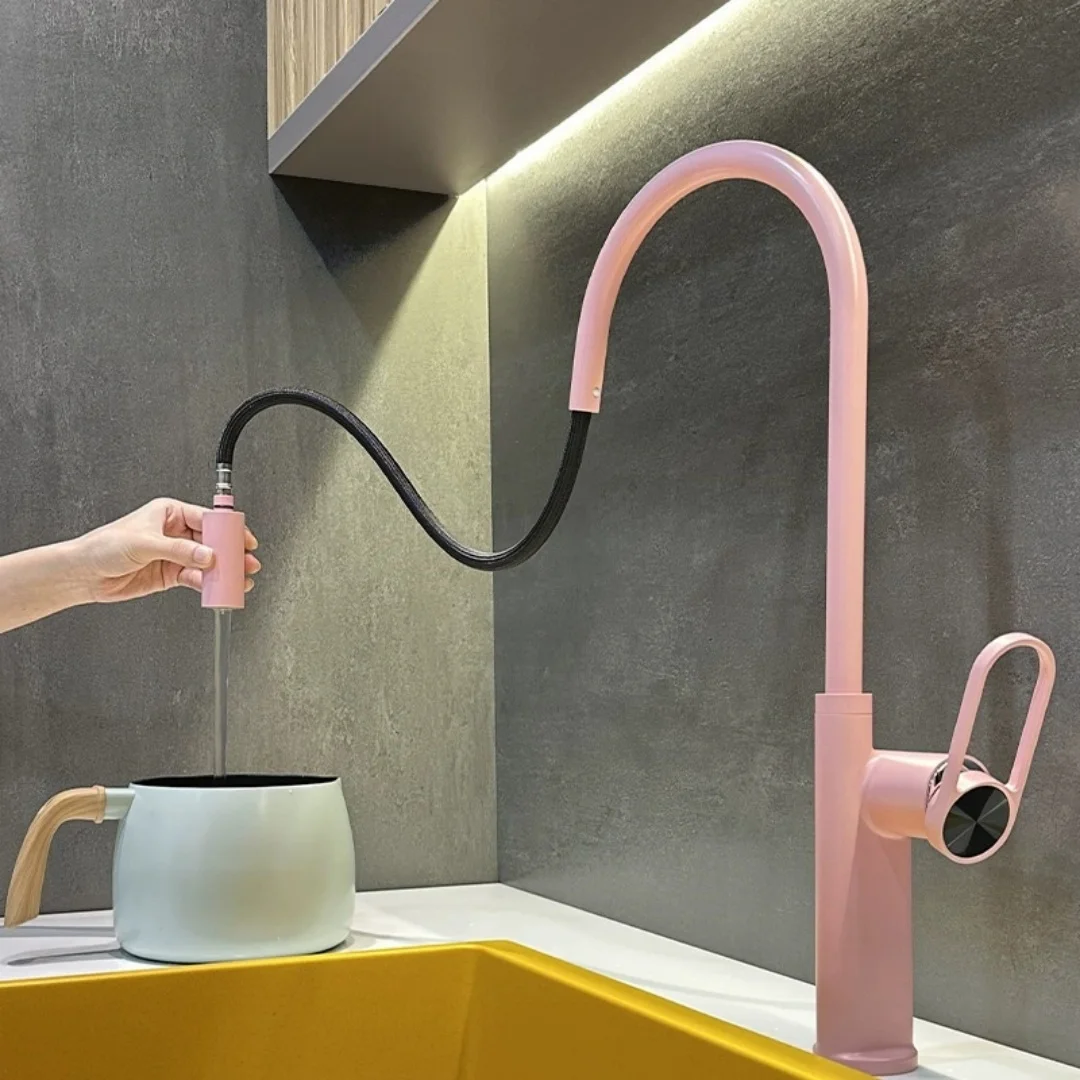 Pink Pull Out Kitchen Faucet Brass Grey Sink Faucet Mixer Tap Chrome Hot and Cold Torneira Cozinha Mixer Taps Kitchen Tap