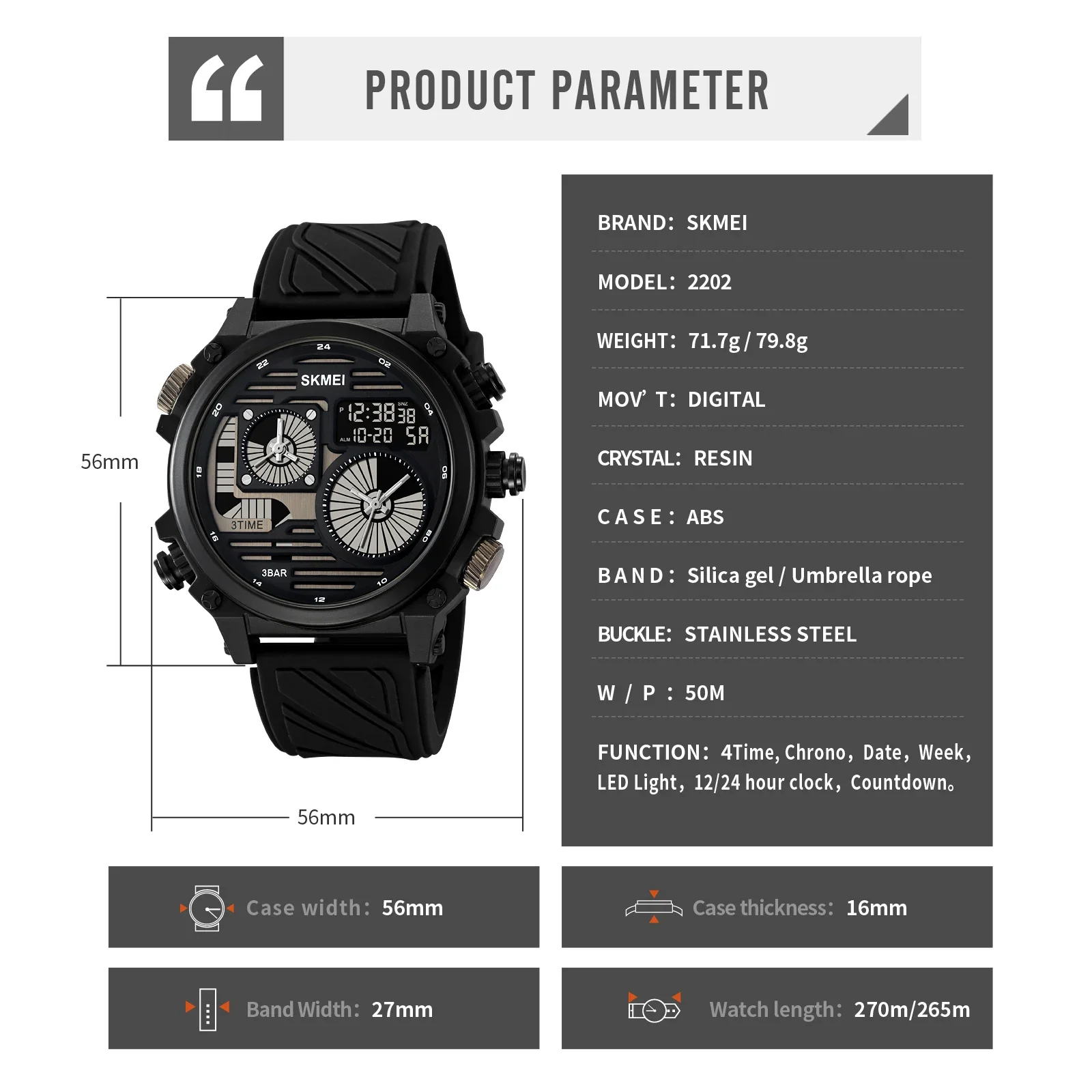 SKMEI 2202 LED Light Stopwatch Waterproof Wristwatches Alarm Creative Cool 4 Time Display Countdown Digital Sport Watch Mens