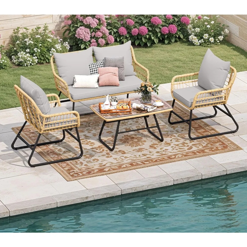 

4-Piece Wicker Conversation Set with Cushioned Loveseat, Two Armchairs, and Tempered Glass Table