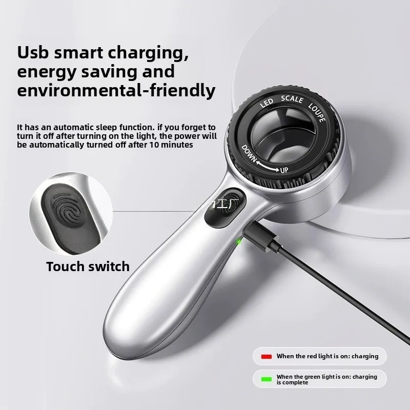 

10-кратное увеличительное стекло для зарядки с УФ-лампой, высокое увеличение высокого разрешения со шкалой, инструмент для идентификации ювелирных изделий