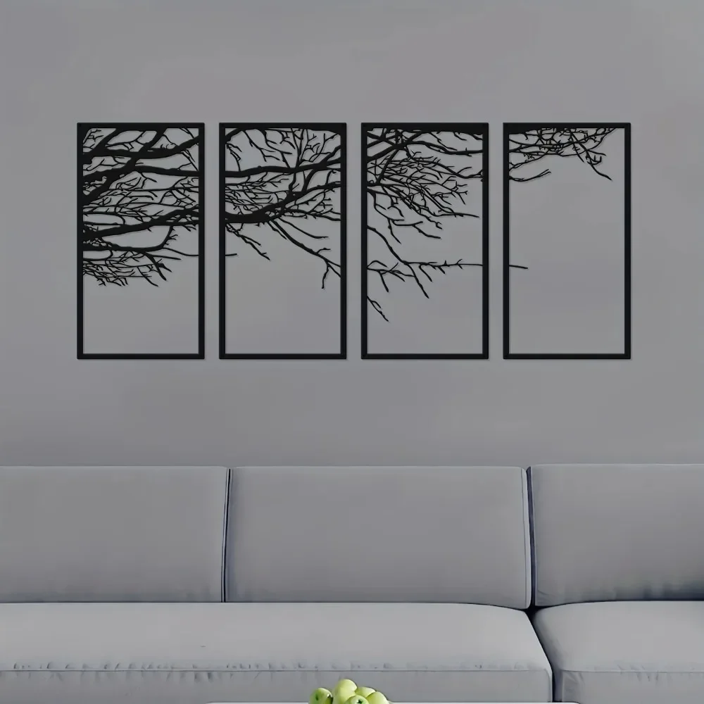 4-Piece Black Metal Tree of Life Wall Art Stunning Decor for Bedroom, Living Room, Office, Kindergarten, and Nursery Spaces