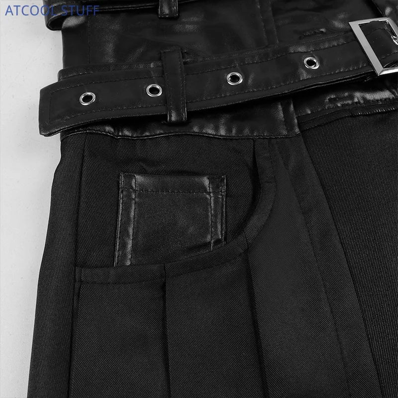 Punk Pleated Skirt Open Front Men\'s Gothic Leather Belt Medieval Roman Warrior Kilt Metal Chian Harujuku Stylish Clothing