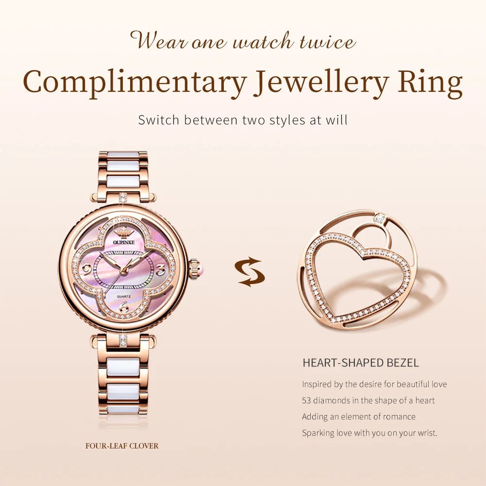 OUPINKE 3272 Women Watch Luxury Lucky Grass Women Imported Movement Quartz Watch Waterproof Ceramic Rotating Diamond Women Watch