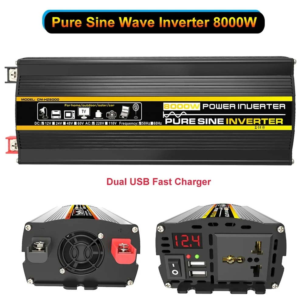 3000W-8000W Pure Sine Wave Power Inverter Voltage Transformer Intelligent Digital Display Car Home DC12V to AC 220V Converter