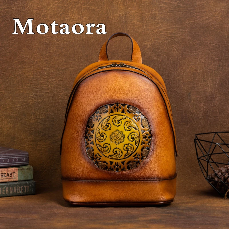 MOTAORA New Vintage Cowhide Chinese Style Women's Backpack Handmade Embossed Handbag Genuine Leather Large Capacity Travel Bags