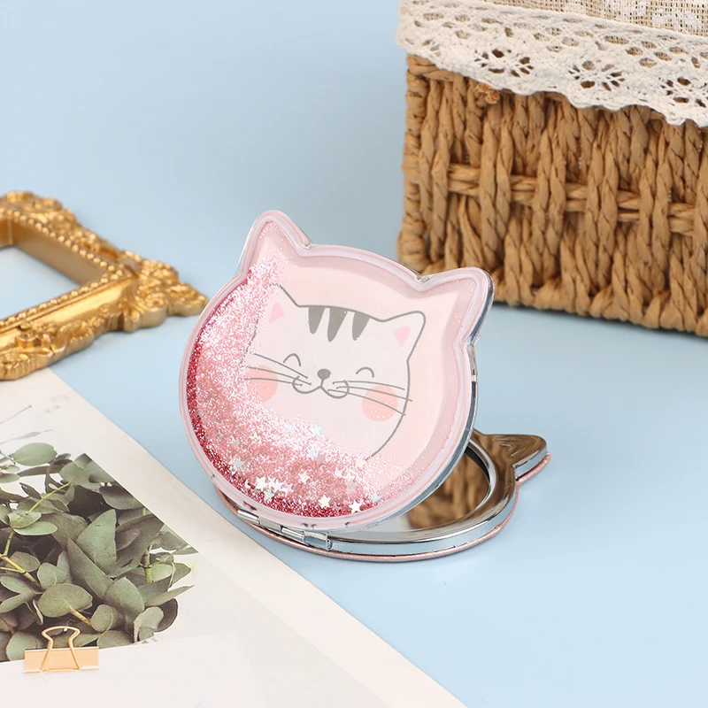 Cat Double-Sided Makeup Mirror Portable Quicksand Sequins Cartoon Girl Gift Hand Mirror Pocket Double-Sided Makeup Mirror