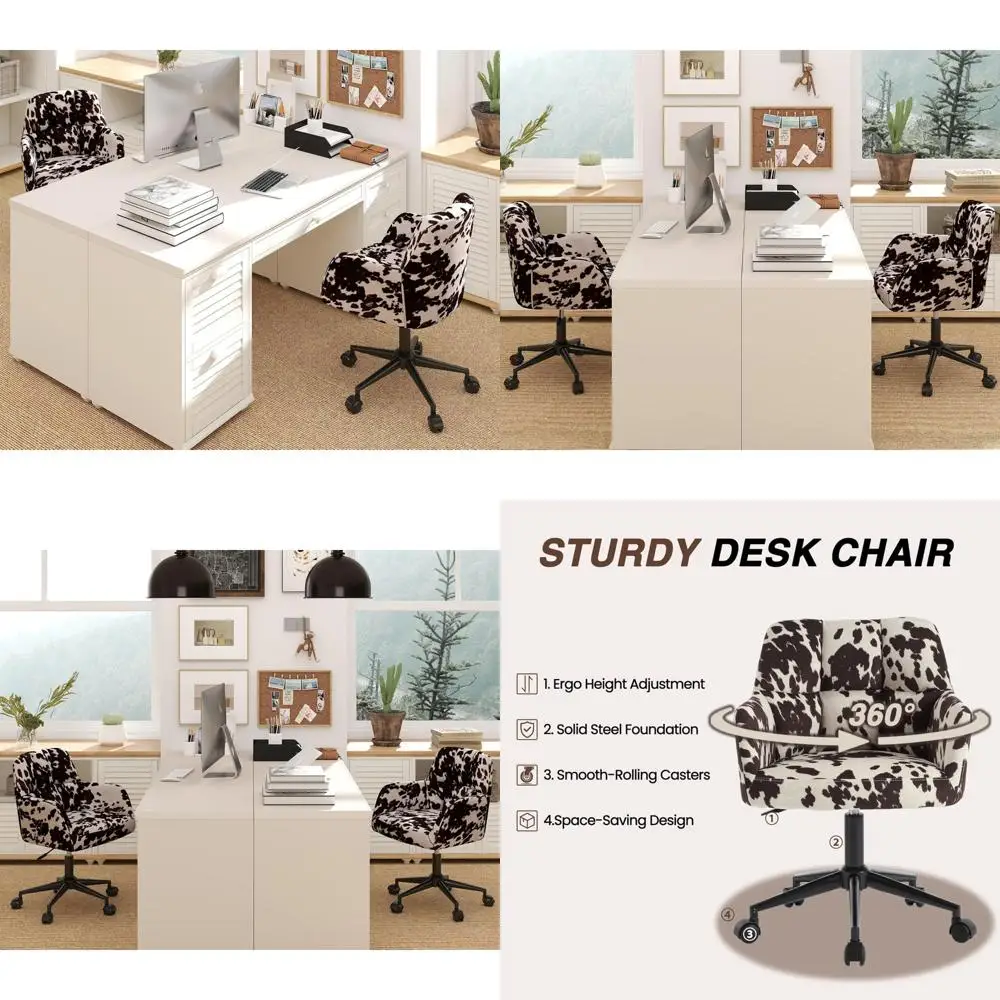 Ergonomic Cow Print Velvet Swivel Office Desk Chairs with Wheels and Arms, Comfortable Height Adjustable Set of 2 for Home Offic