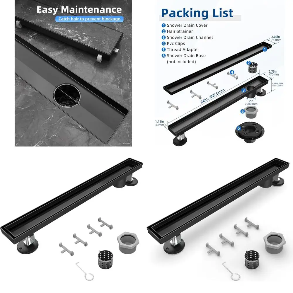

24 Black Linear Shower Drain with Removable Grate and Hair Catcher - 304 Stainless Steel Rectangular Drain for Shower Floors