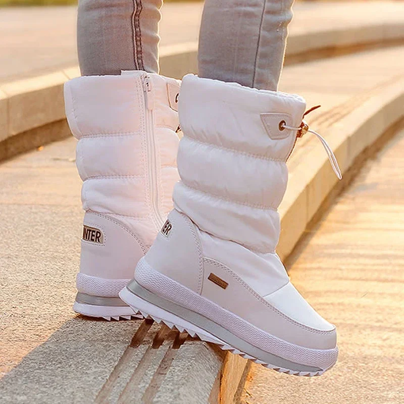 White Women Boots Winter Shoes Warm Plush Mid-calf Boots Waterproof Rubber Non-slip Platform Snow Boots Female Plus Size 42