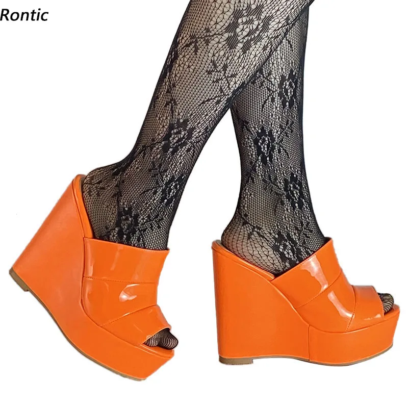 

Rontic New Fashion Women Mules Sandals Patent Leather Unisex Wedges Heels Open Toe Gorgeous Pink Party Shoes US Size 5-20