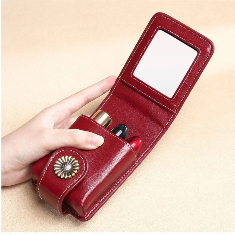 Fashion Leather Lipstick Case with Mirror  Multi-Color Sunflower Buckle Cosmetic Pouch Portable Makeup Storage Bag for Women Tr
