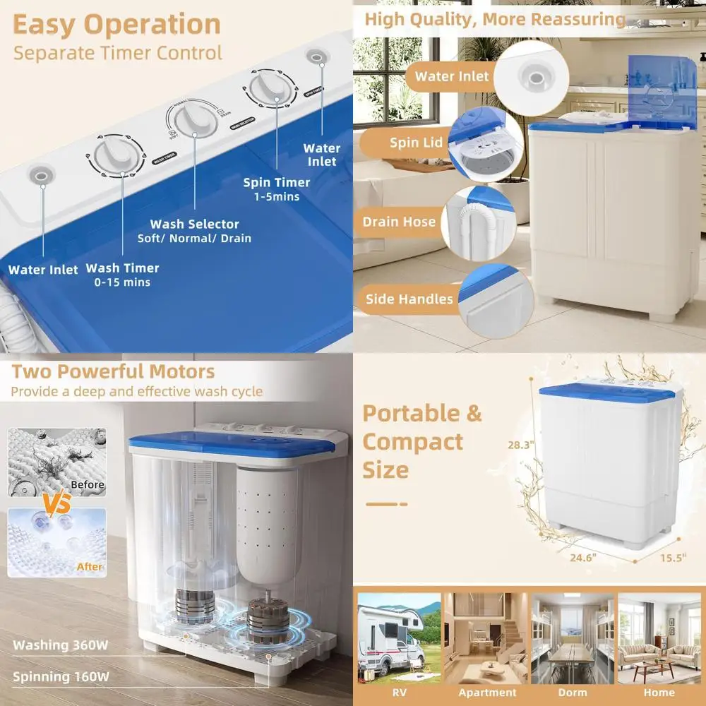 

Compact 20LB Twin-Tub Portable Washer with Drain Pump, Semi-Auto 12LB Wash & 8LB Spin for Apartments, Dorms & RVs