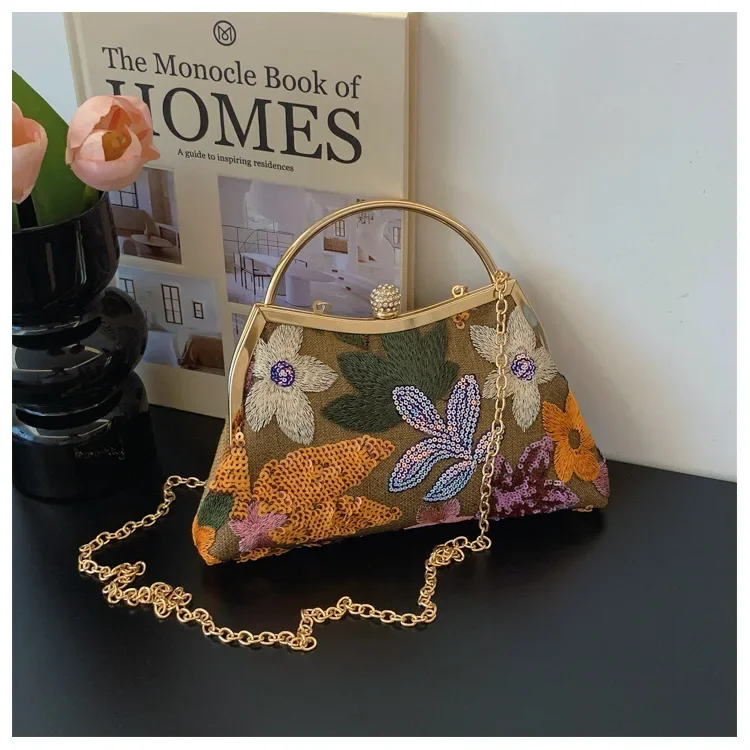 Vintage Khaki Brown Evening Bag Autumn Retro Fashion Embroidery Flower Handbags Prom Party Chain Shoulder Bag Clutches For Women