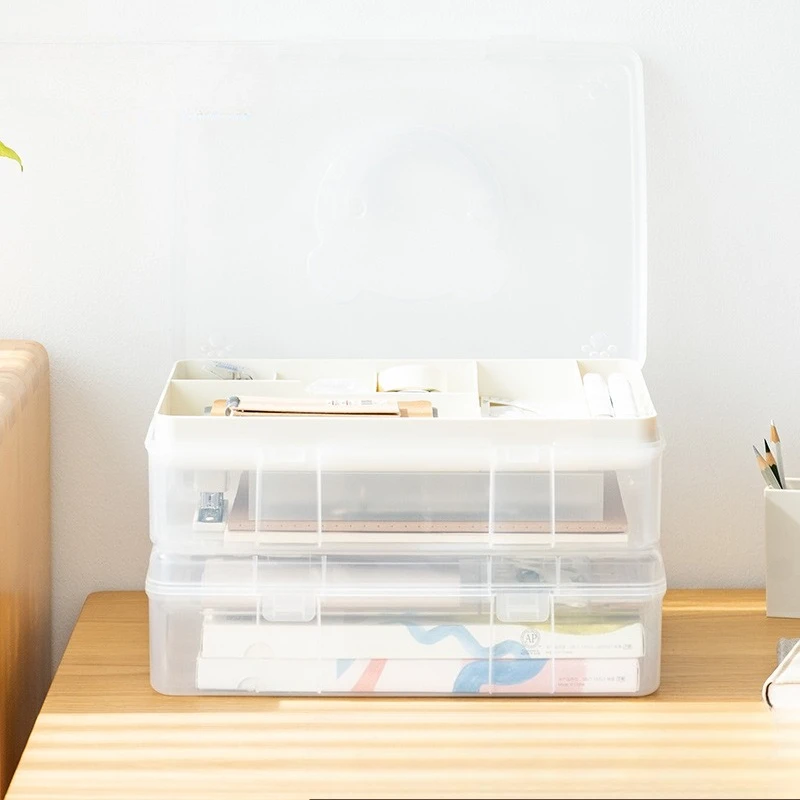 Cute Little Bear Stationery Storage Box, Student Desktop Miscellaneous Compartment Double-layer Transparent Plastic Storage Box