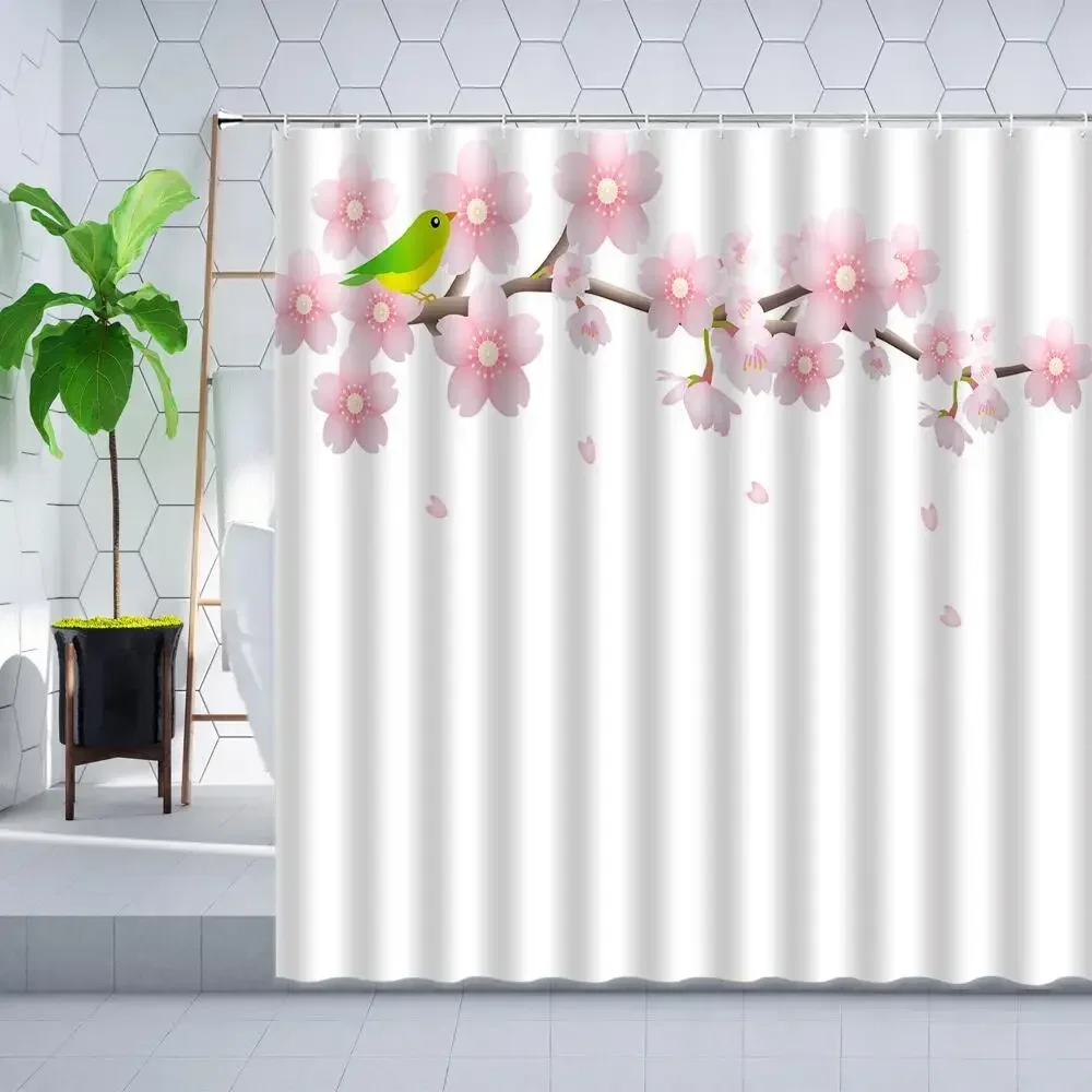 Pink Floral Shower Curtain Set Cherry Blossom Peach Blossom Curtains Falling Petal White Background Girl Bathroom Deco Polyester