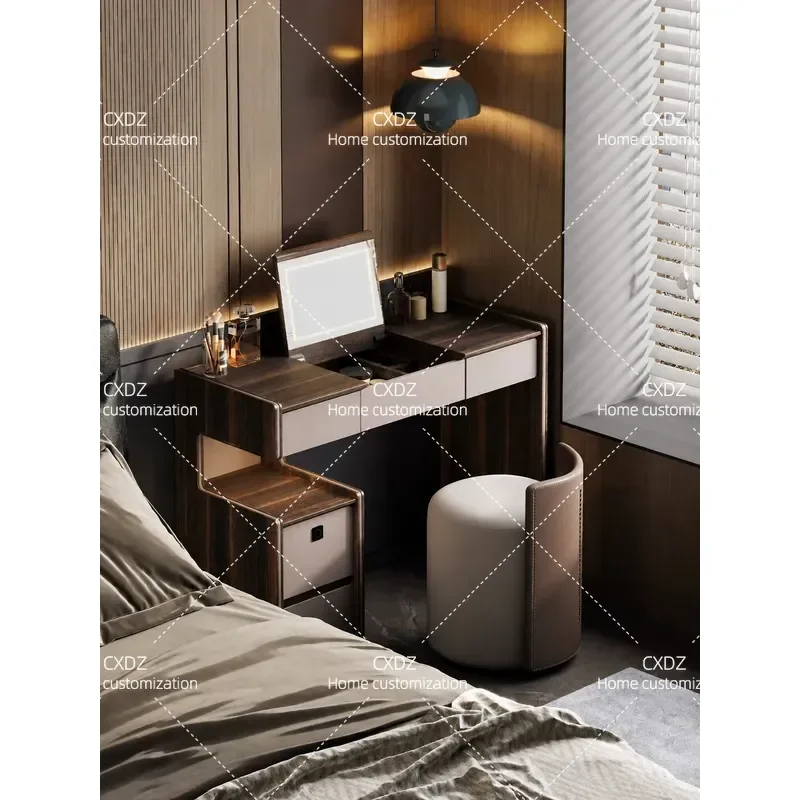 Italian Style Dressing Table with Integrated Safe Bedside Nightstand High End Clamshell Makeup Vanity for Bedroom Light