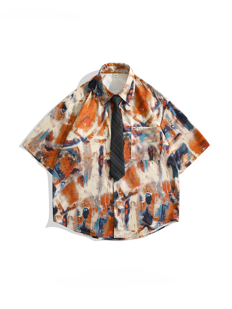 Camisa de manga curta estilo Hong Kong masculina e feminina, blusa casual solta, gravata de nicho de rua, pintura a óleo retrô, moda, verão