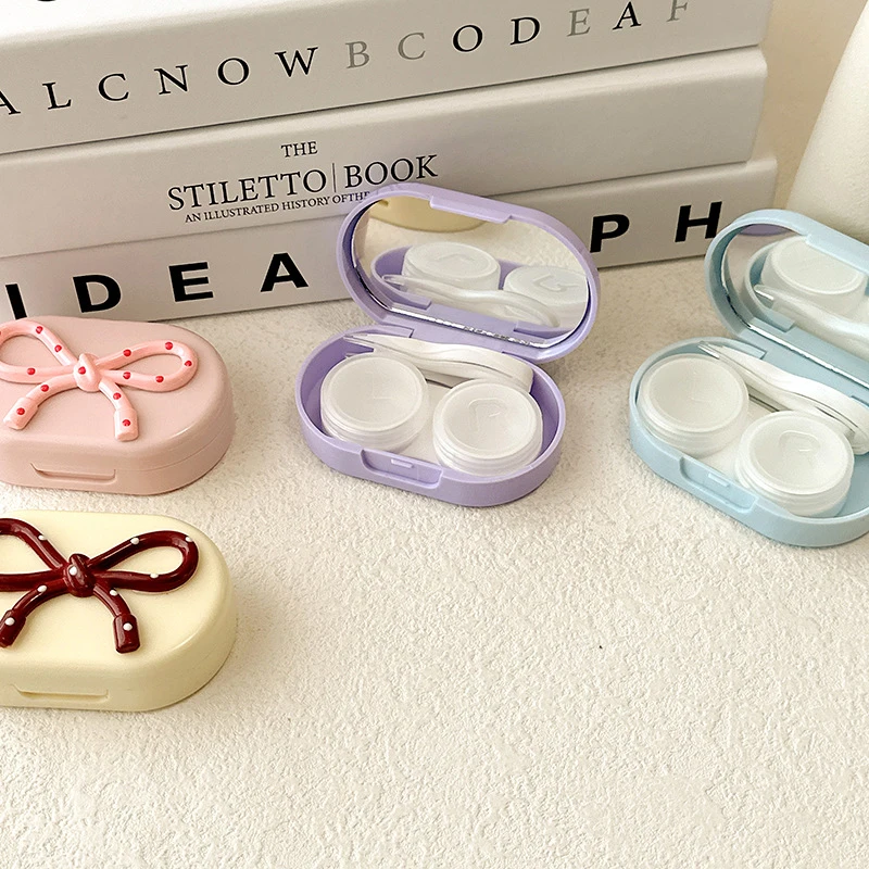 Cute Bow Portable Contact Lens Case Candy Color Contact Lenses Box With Tweezer Remover Tool Stick Set For Travel Kit Holder