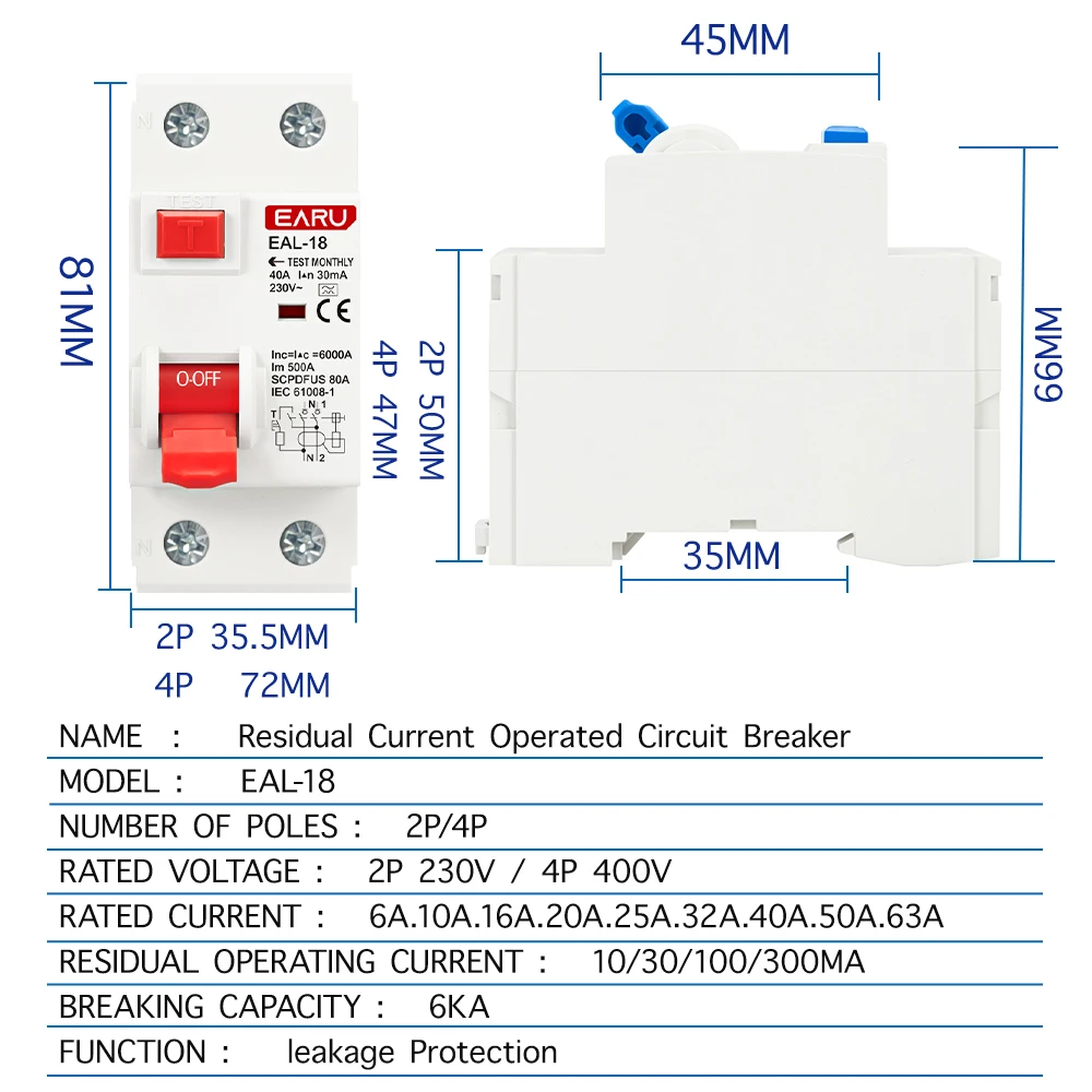 2P 4P 10/30/100/300mA Type A /AC RCCB RCD ELCB Residual Current Circuit Breaker Short Current Leakage Protection 32A 40A 50A 63A