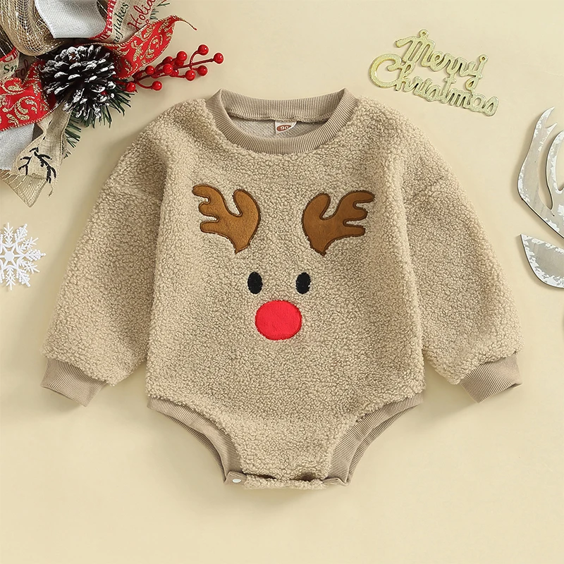 2023-09-07 Lioraitiin 0-24M Baby Boys Girls Christmas Rompers Long Sleeve O-Neck Reindeer Embroidery Fleece Jumpsuits Bodysuits