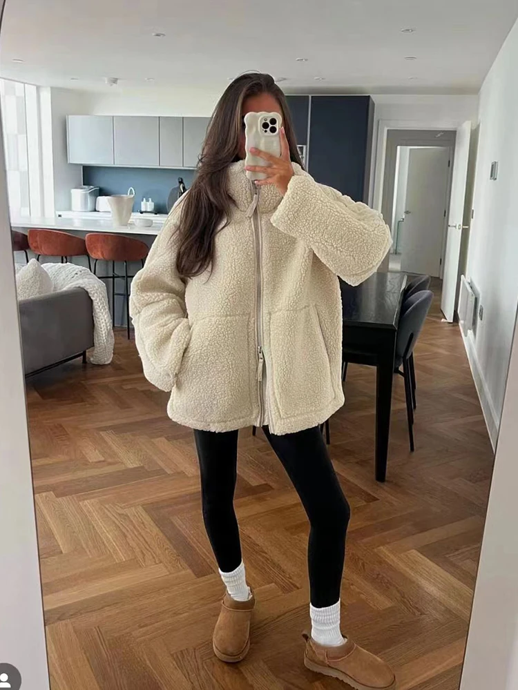 SIYANG Women Autumn Fashion Loose Teddy Coat Female Pockets Zipper Warm Faux Lamb Jacket Ladies Casual Outerwear