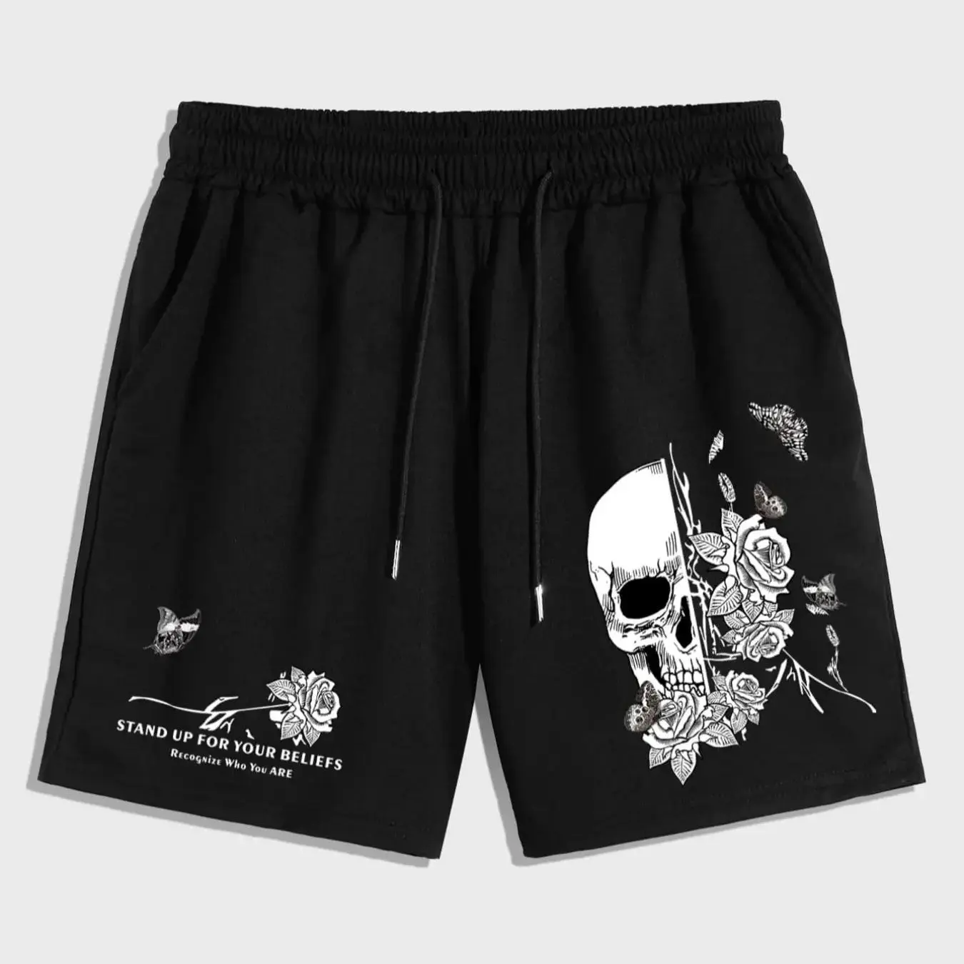 

Men's Shorts with Skull and Rose Patterns As Well As Letter Prints Summer Loose and Breathable Pure Cotton Shorts