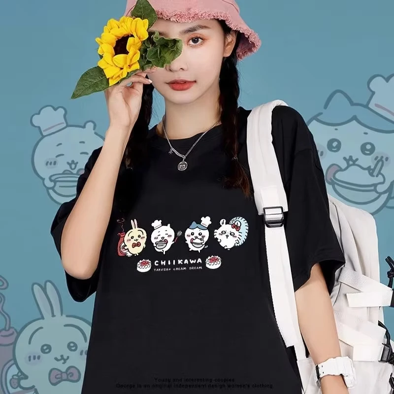 Anime Chiikawa Momonga T-Shirt Pure Cotton Soft Breathable Skin-friendly Casual Versatile for Women and Kids Daily Wear Fashion