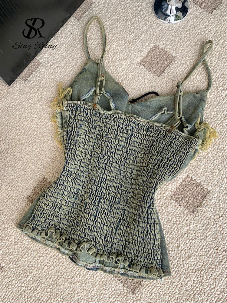 SINGREINY الأمريكية الرجعية الدانتيل يصل سليم الأعلى حزام الإناث مطاطا مثير عارية الذراعين بلوزة 2025 موضة عطلة الشاطئ الدنيم بروتيل