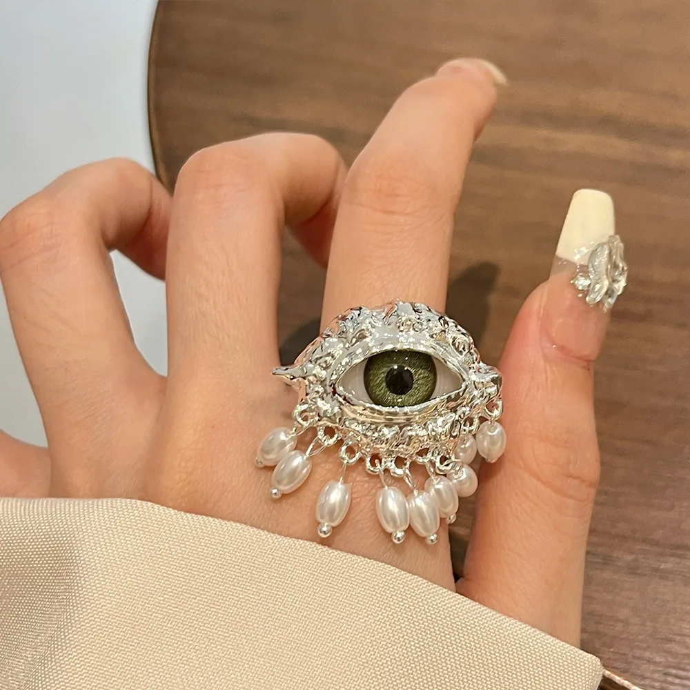 Aesthetic Vintage Devil\'s Eye Ring Tassels Imitated Pearl Glaze Ring Delicate Exaggerated Opening Finger Ring Girls