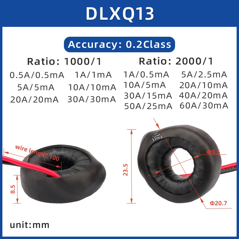 DLXQ13 /DLXQ16 Wrapped Current Transformer Coil Lead Output 1000 1 2000/1 Small AC Current Sensor Transformer