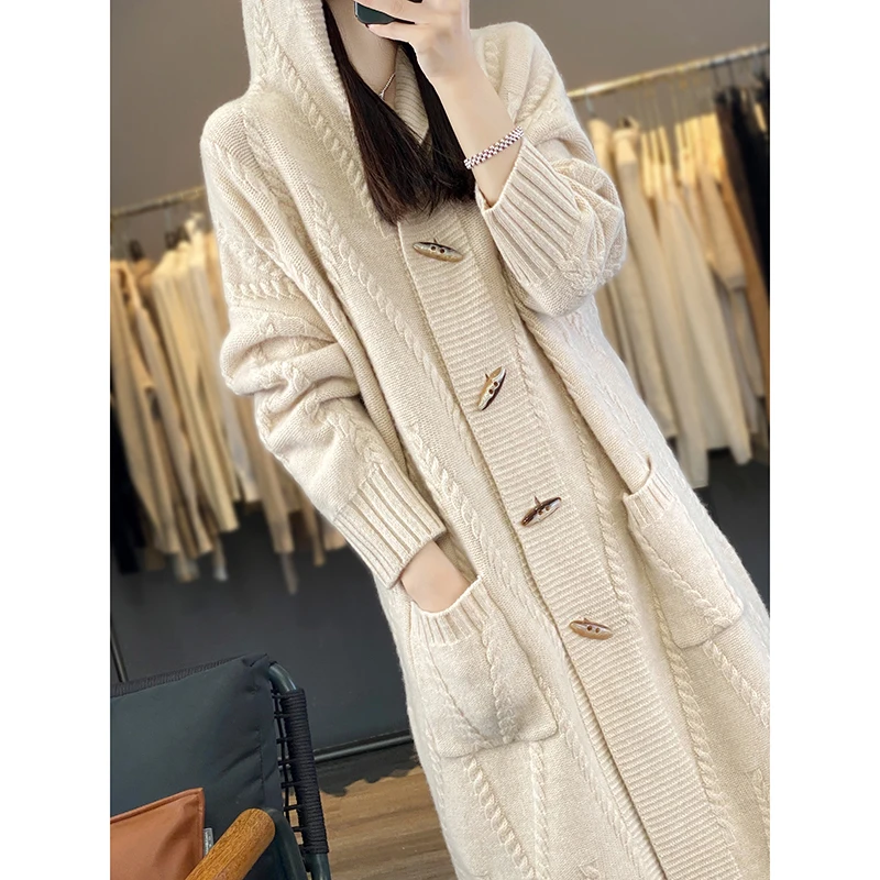 Autumn And Winter New Cashmere Cardigan Women\'s 100% Pure Wool Coat Loose Hooded Long Horn Button Knitted Sweater