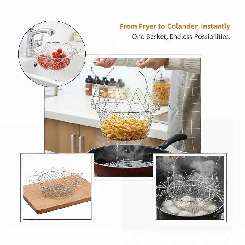Stainless Steel Foldable Multifunctional Fryer Basket French Fry Strainer Kitchen Appliance Is Durable