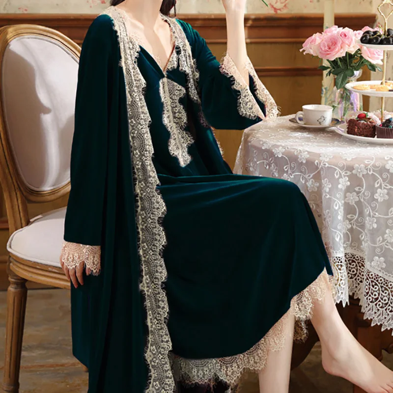 Chemise de nuit à manches longues pour femme en velours doré, style vintage, robe de mariée, pyjama chaud, tenue de nuit d'hiver