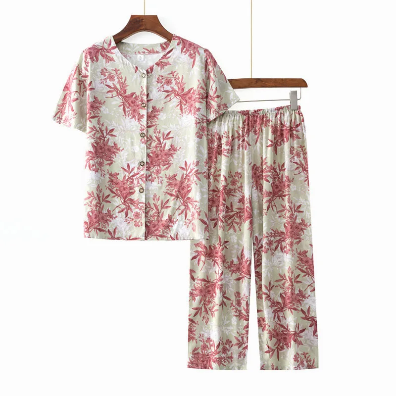 Summer Mother Short Sleeve Sleepwear T-shirt Women\'s Pajamas Sets Grandma Plus Size Pyjama Femme Floral Pijama feminino 4XL