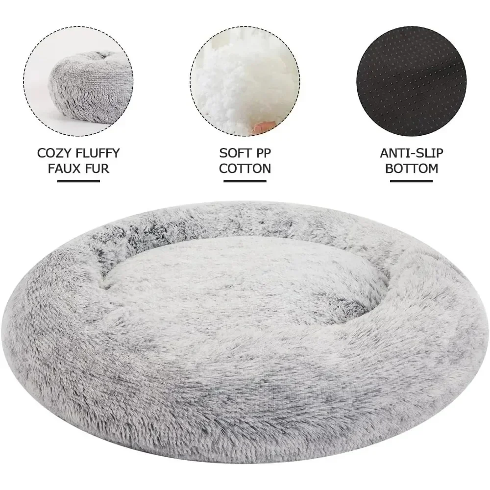 Calming Donut Dog Bed, 45 Inches Round Fluffy Dog Beds, Anti-Anxiety Plush Dog Bed, Washable Pet Bed with Non-Slip Bottom