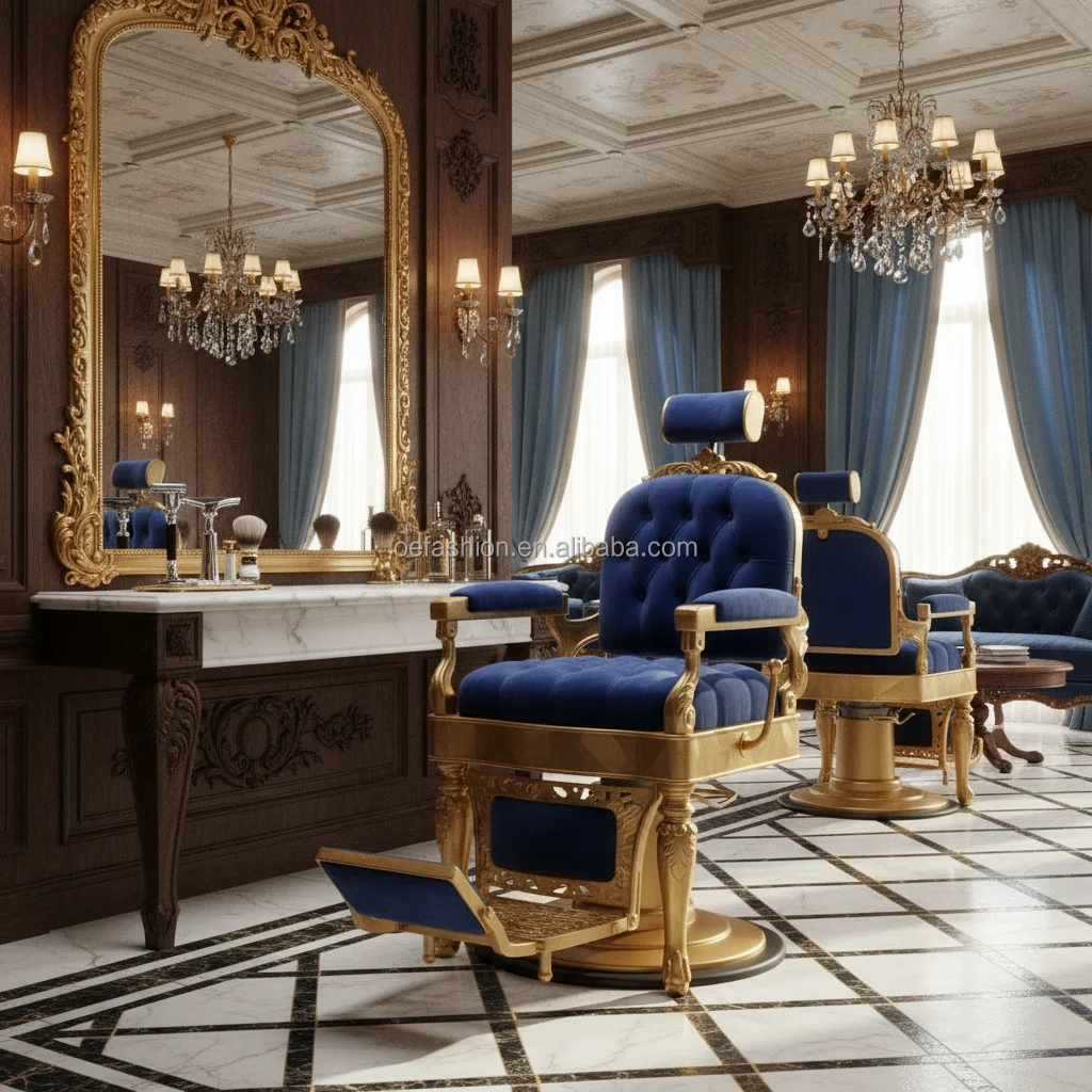 OE-FASHION Luxury Antique Gold Barber Chair Royal Blue Velvet Reclining Hydraulic Wood Frame Salon Furniture For VIP Shop