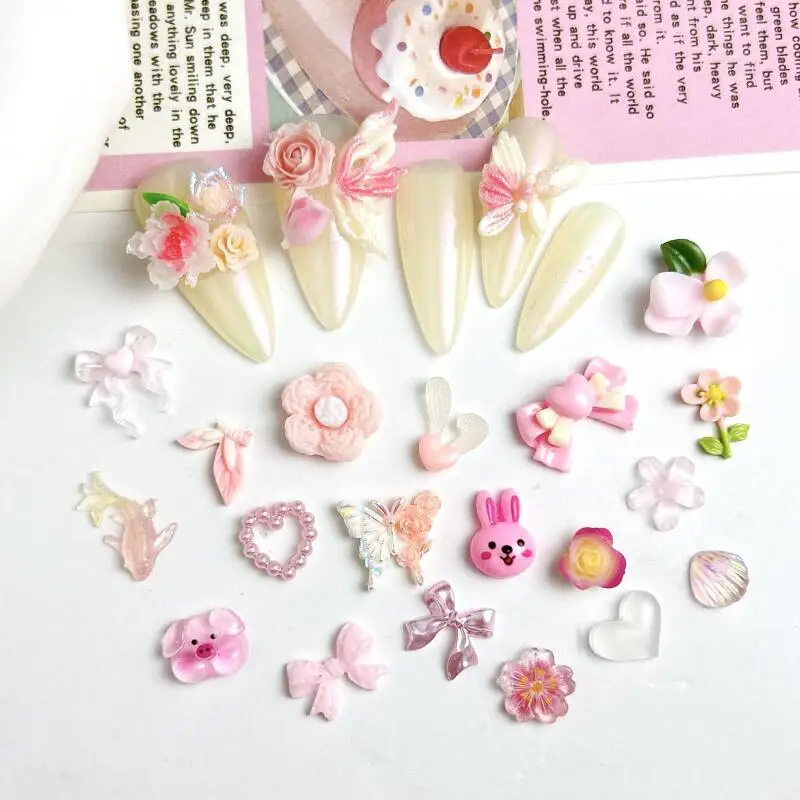 Resin Random Mixed Pink Series Nail Charms Minimalist Bows Flowers Cute Pig Nail Art Decorations for DIY Fairy Nails Ornaments