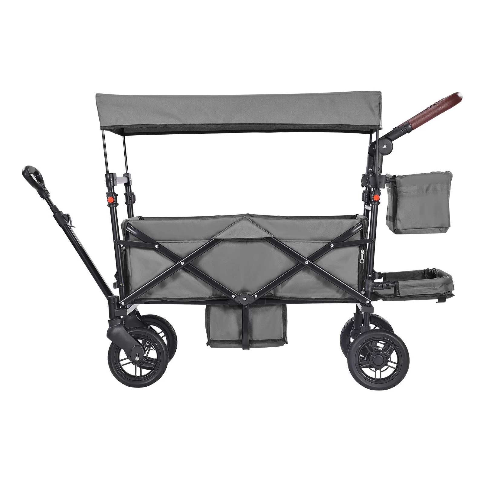 Wagon Stroller for 2 Kids, 4 Wheels w/ Brakes, Push Pull Quad Collapsible Stroller with Adjustable Handle, Encircling Harness Removable Canopy, Mutifunction Tandem Stroller for Camping Dark Grey