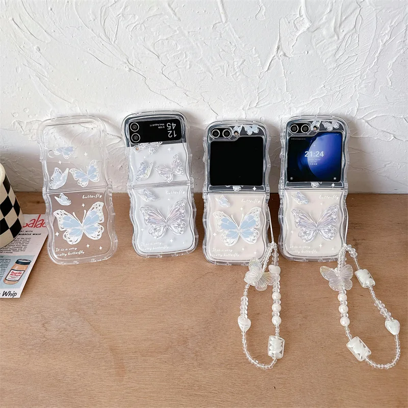 

Blue Butterfly Transparent Phone Case For Samsung Galaxy Z Flip 7 6 5 4 Protective Back Cover For ZFlip5 ZFlip6 ZFlip7 Case