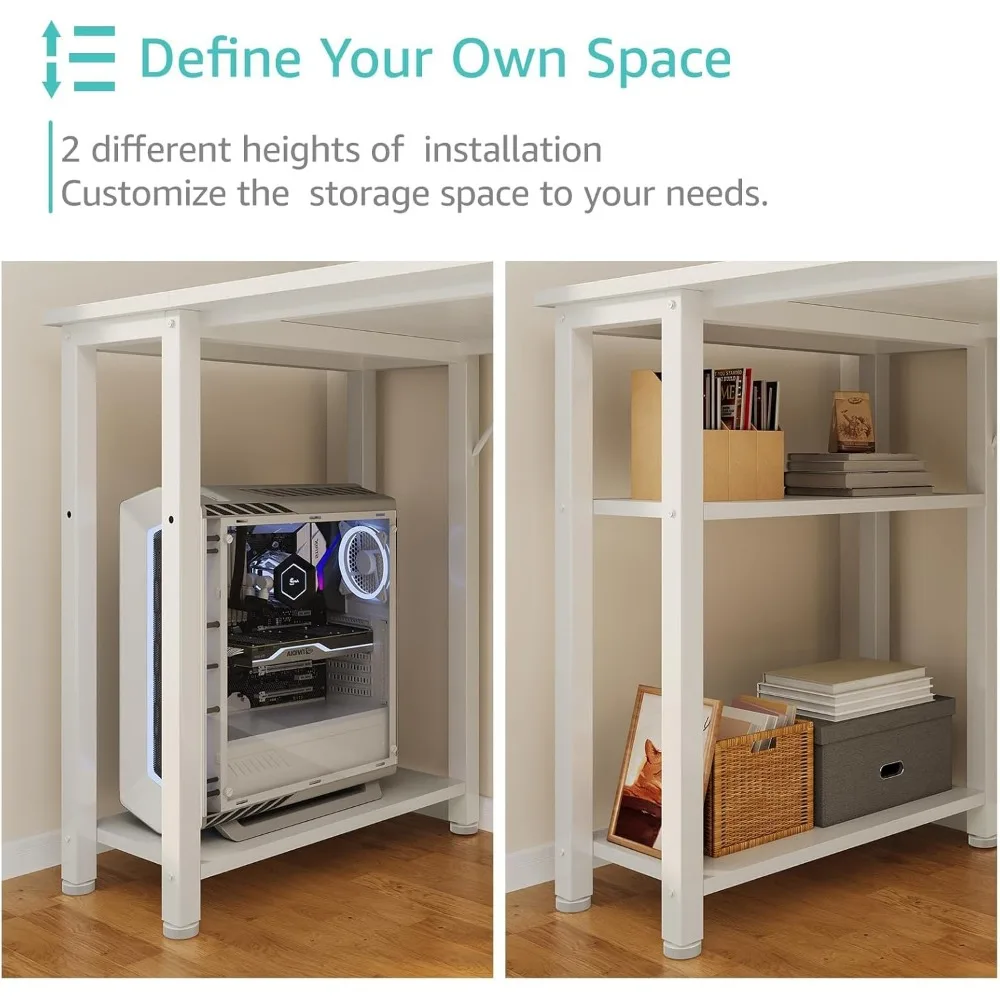 مكتب كمبيوتر مع أدراج قماشية وأرفف تخزين، مكتب كتابة دراسة المكتب المنزلي مقاس 63 بوصة، مساحة عمل بسيطة لغرفة النوم #6