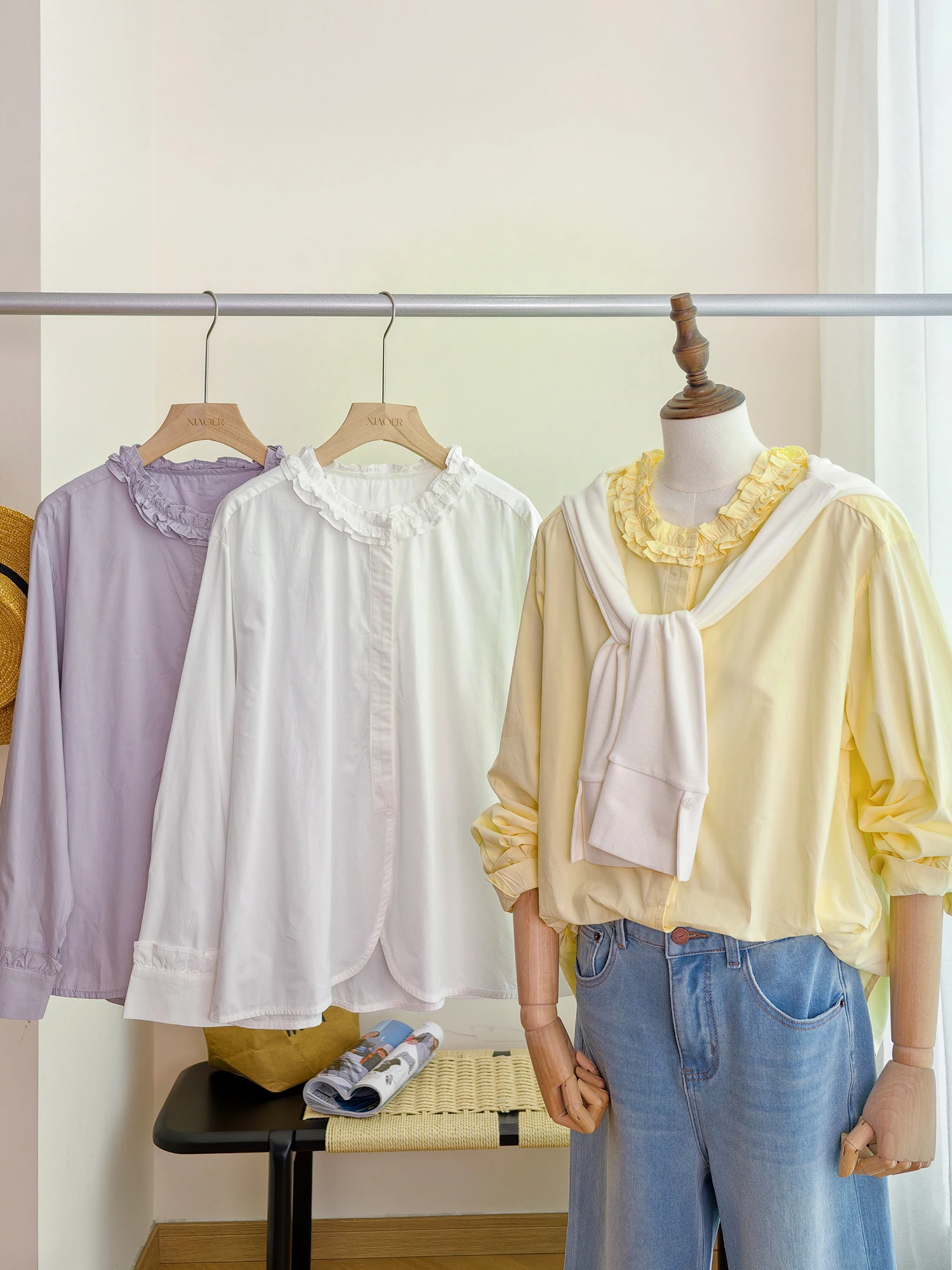 

Artistic Style Ruffle Splice round Neck Loose Long Sleeve Women's Shirt Slimming Effect Cotton Blend Spring Collection