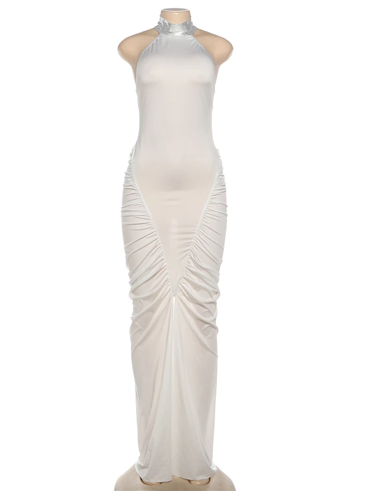 Kilou froncé élégant Robe longue femme bouton rayure licou col roulé dos nu sans manches Robe de bal fête maigre robes