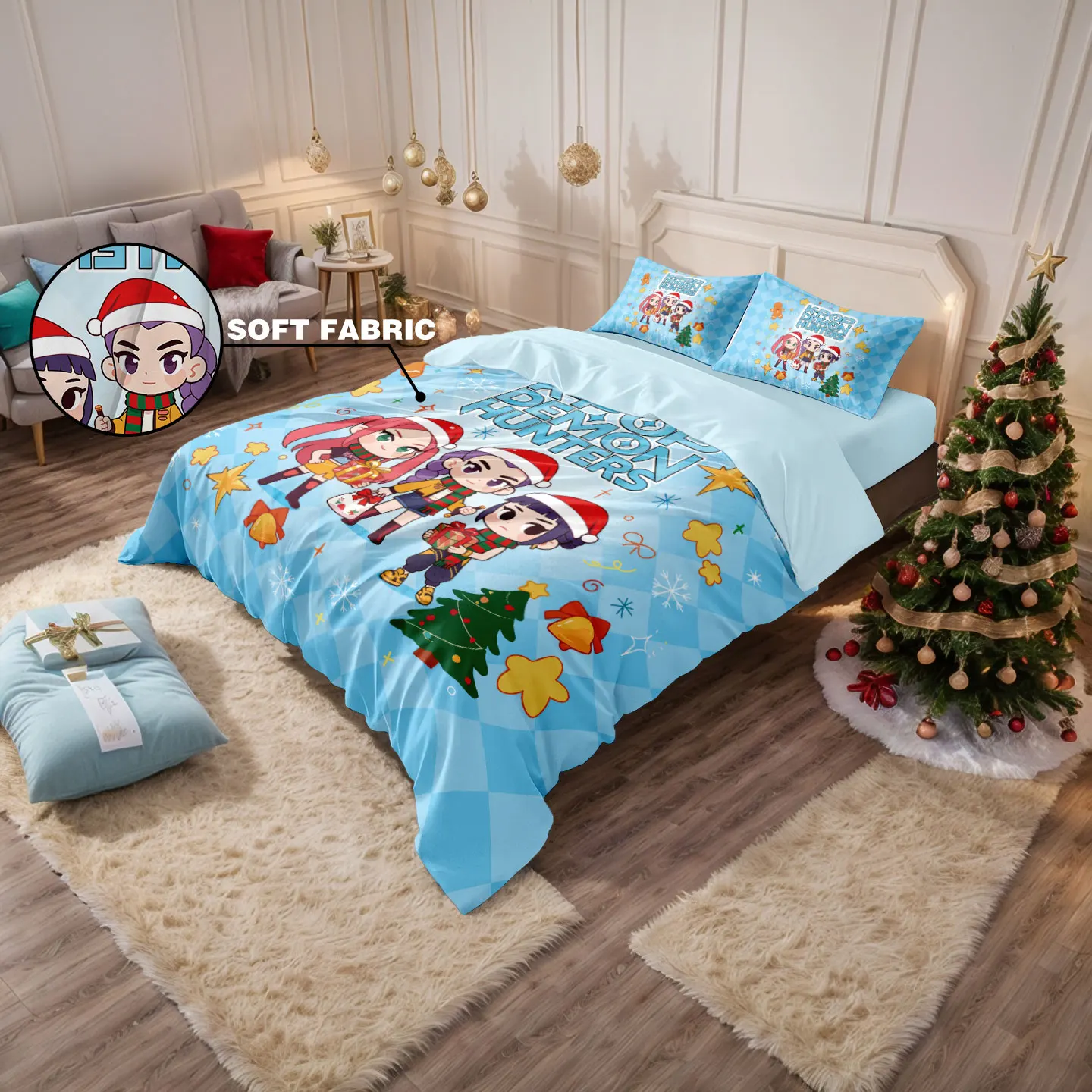 Ensemble de housse de couette sans cadre, 3 pièces, noël, chasseurs de démons, groupe de filles, imprimé, multi-tailles, chambre à coucher, dortoir, doux, lavable en Machine