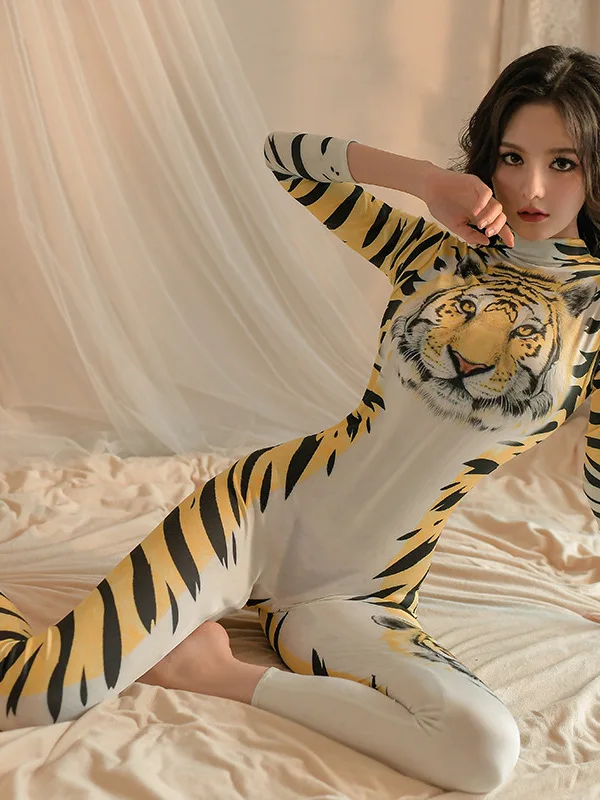 New Fun Women's Tiger Pattern Fur Printed Leopard Pattern Passion Jumpsuits Mature Design Sense Slim Soft Thin Elegant C6Q1