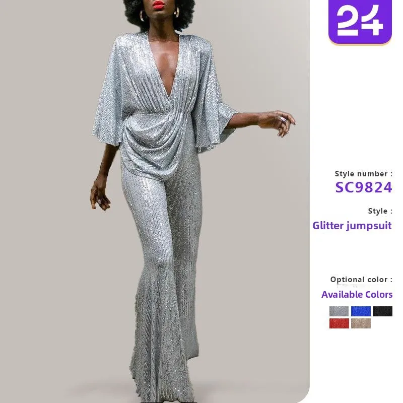 

Women's iny Bal Sequin Jumpsuit Long Pants Middle Waist Design Full Length Polyester Fabric Spring 2025 Collection